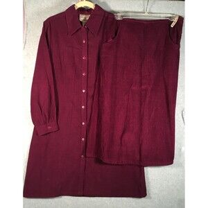 Vtg 80's April Cornell Long Skirt Long Shirt Suit Set Size L Burgungy Cordory